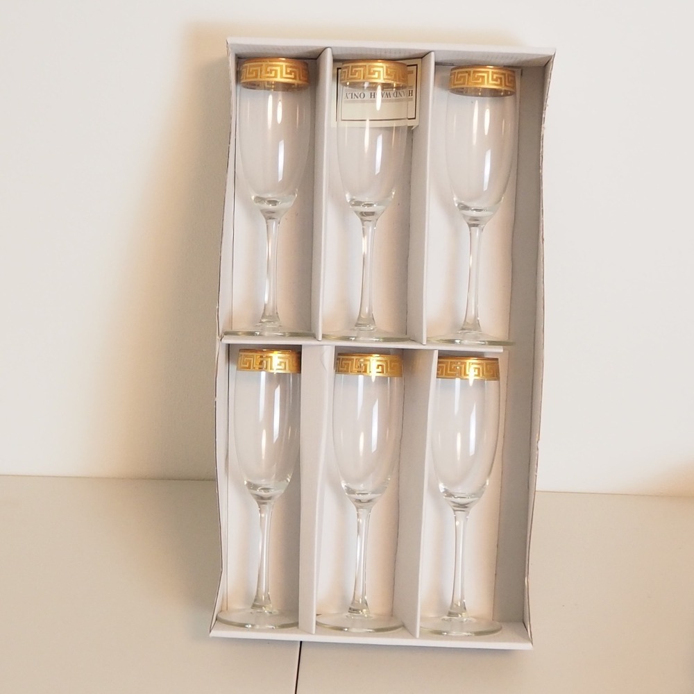 Vtg Gold Rimmed Glass Champagne Flutes Six Pcs Made in Italy Greek Key Art Deco - Picture 5 of 10